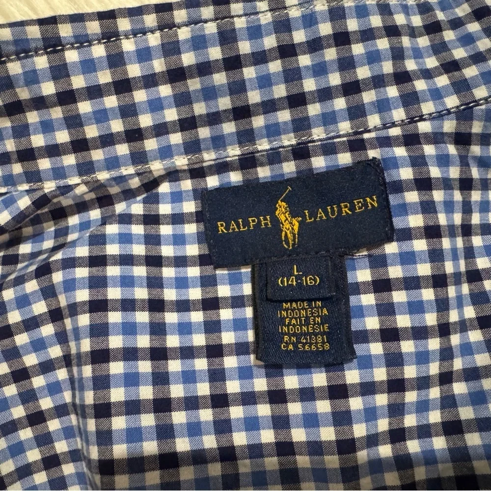Ralph Lauren Navy Checkered Button Down‎ Shirt Boys Size Large 14/16